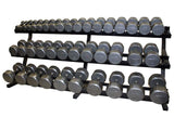 Troy Barbell's 3-tier T-DR3 rack holds 15 pairs of hex, 8-sided dumbbells of varying weights.
