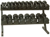 Troy Barbell 2-tier rack holds 10 pairs of hex dumbbells, neatly organized by weight in a gym setting.