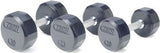 Three Troy TSD-R rubber dumbbells (30, 25, 20 lbs) by Troy Barbell are arranged side by side on a white background.