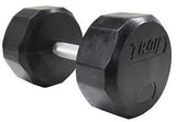 The Troy TSD-R 12-Sided Premium Rubber Dumbbell by Troy Barbell, black with silver handle, on a white background.